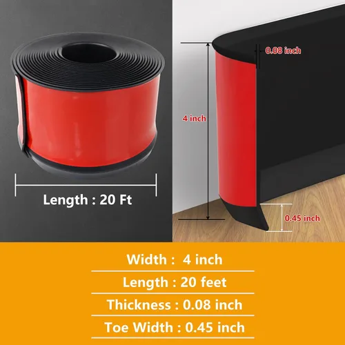 Vista 2 de STICKGOO Moldura de vinilo para zócalo, 4 pulgadas x 20 pies, base de pared de goma autoadhesiva, base de cala para despegar y pegar (negro)