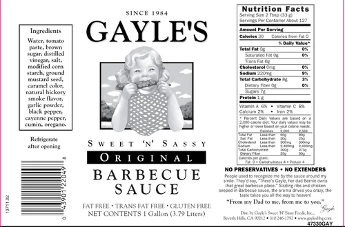 Vista 2 de Gayle's Sweet 'N' Sassy Salsa de barbacoa original para barbacoa, 1 galón