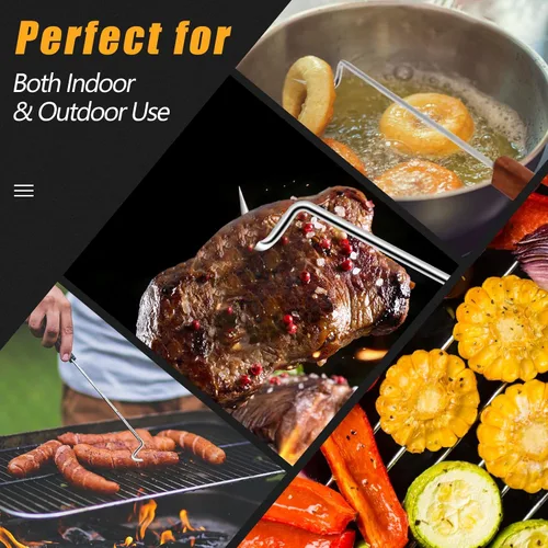 Vista 2 de 2 ganchos giratorios de acero inoxidable para barbacoa, ganchos de barbacoa para cocinar, accesorios de parrilla con mango de madera para asar