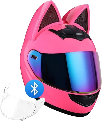 Vista 9 de Casco Bluetooth de motocicleta con orejas de gato, certificado DOT, casco de motocicleta de cara completa, lindos cascos de gato con visera HD