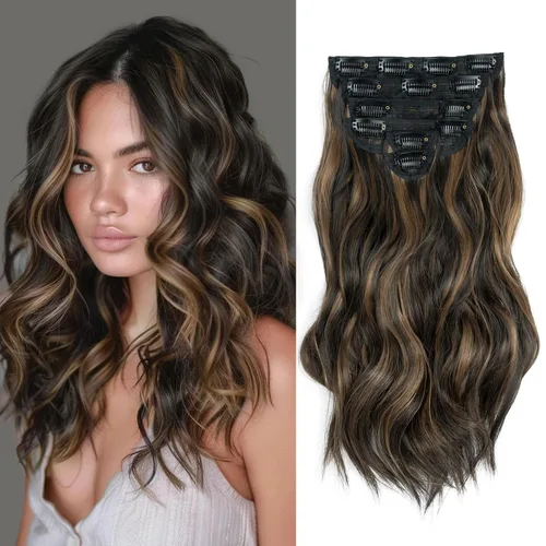 Vista 31 de Fliace Extensiones de cabello con clip para mujer, extensiones de cabello ondulado largo de color marrón medio, extensiones de cabello sintético