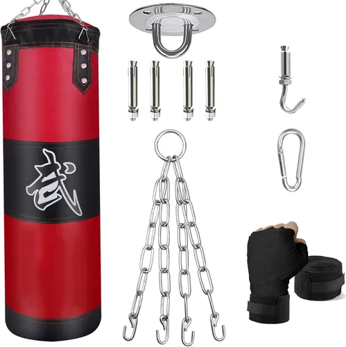 Vista 7 de Juego de sacos de boxeo colgantes sin relleno, sacos de boxeo pesados para adultos, niños y jóvenes, incluye vendas para manos, ganchos para sacos