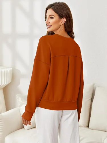 Vista 2 de Glamaker Sudadera básica corta para mujer, estilo básico Air Essentials, cuello redondo, manga larga, estilo casual, ajuste holgado, 2023