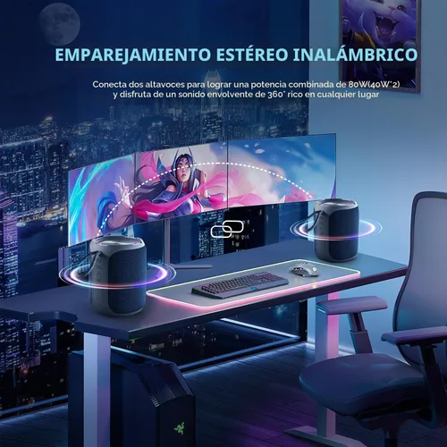 Vista 4 de YEAHBOX Altavoz Bluetooth portátil, Bluetooth 5.3 40W estéreo inalámbrico con graves profundos, luces RGB, IPX7 impermeable, batería de larga