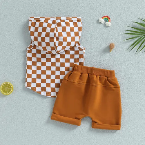 Vista 14 de Conjunto de ropa de verano para bebé niño y niño, diseño a cuadros, manga corta, sudadera con capucha y pantalones cortos casuales