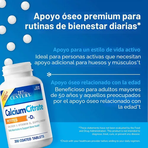 Vista 4 de 21st Century Citrato de calcio + D3 Petites, fácil de tragar, 200 unidades Citrato de calcio altamente absorbible con vitamina D3, Compare VS.