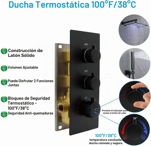Vista 4 de HOMEDEC Válvula desviadora de ducha de 2 vías de latón de doble función, kit de válvula de mezcla de ducha termostática de 3 manijas, entrada de 3/4