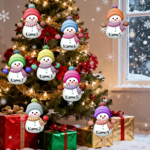 Vista 7 de Adornos de Navidad personalizados de muñeco de nieve con nombre, adornos de Navidad familiares personalizados para colgar en la puerta del árbol