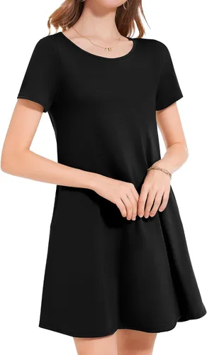 Vista 5 de Vestidos de verano para mujer, informales, holgados, estilo camiseta, florales, de manga corta, con vuelo y bolsillos, para la playa