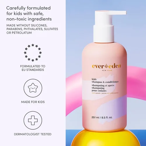 Vista 4 de Evereden Mini Kids Shampoo and Conditioner 2 en 1: Melocotón fresco, 1.7 fl oz. Vegano y cuidado suave para niños Champú y acondicionador