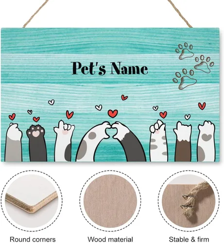 Vista 6 de Letrero de puerta colgante personalizado con diseño de pata de gato, letrero de pared personalizado con nombre de mascota, placas de madera