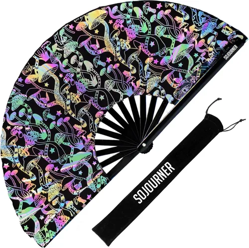 Vista 31 de SoJourner Bags Rave Fan – Abanico plegable grande – Abanico de mano Clack para raves, Halloween, Burlesque, atuendos arcoíris para mujeres
