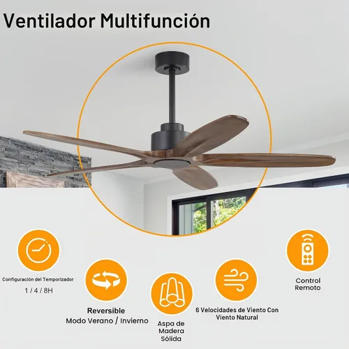 Vista 2 de WINGBO Ventilador de techo de 54 pulgadas sin luz, 5 aspas de madera maciza tallada, motor CC reversible de 6 velocidades, ventilador de techo