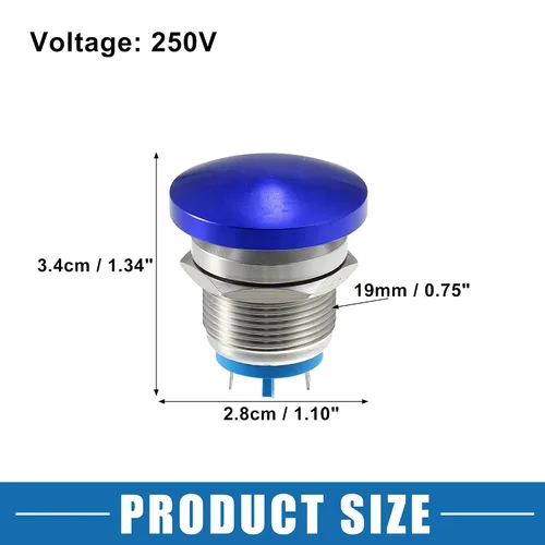 Vista 4 de Impermeable IP65 Momentaria Cabeza de Seta Interruptor de Botón para Coche Metal 0.748 in 3A 250V Botón Interruptor Azul (Juego de 2)