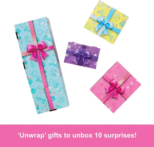 Vista 3 de Muñeca y Accesorios Barbie Party Unboxed, Set de Estrellas de Fiesta de la Serie Cumpleaños de Mascotas con 10 Sorpresas Incluyendo Cambio