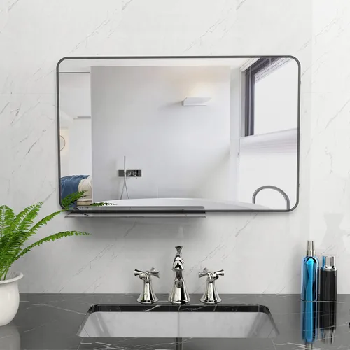 Vista 9 de Espejo de pared con estante para baño, 28 x 18 pulgadas, marco negro, espejos de pared para colgar horizontal o vertical, espejos modernos de pared