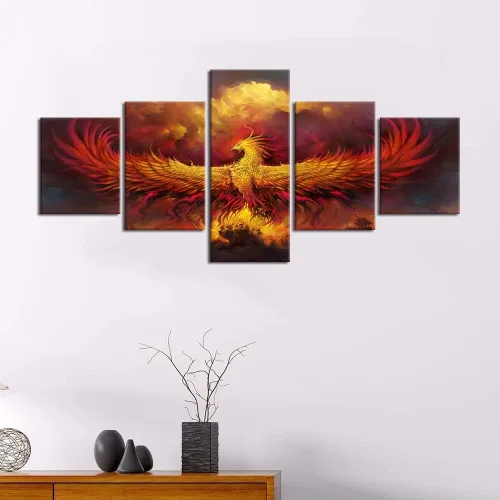 Vista 2 de 5 piezas de pintura sobre lienzo ardiente de fénix dibujado en estilo heráldico fuego fénix arte de pared vintage impresiones obras de arte arte