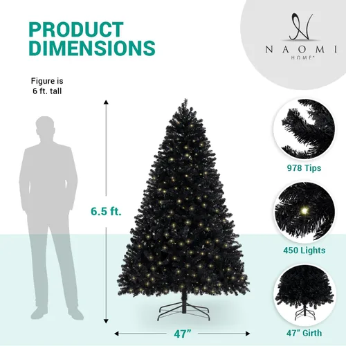 Vista 2 de Naomi Home Dakota - Árbol de Navidad negro preiluminado de 6.5 pies