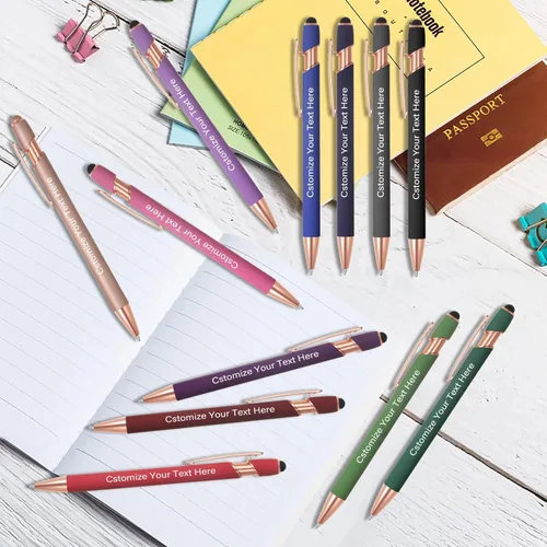 Vista 6 de Kingluu 12 bolígrafos personalizados con punta de lápiz capacitivo, grabado gratis, tinta negra, bolígrafo personalizado con tu nombre, logotipo