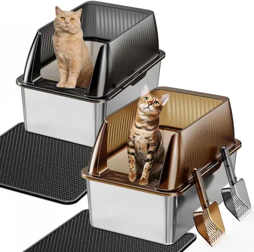 Vista 7 de Tripamin Caja de arena para gatos de acero inoxidable XL de 15 pulgadas, lados altos XXL de acero inoxidable con tapa, caja de arena de metal