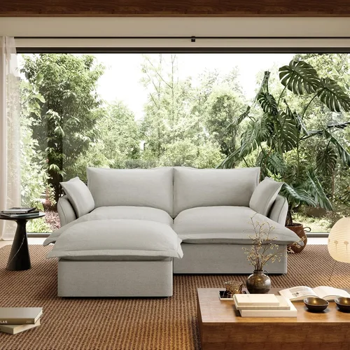 Vista 45 de Sofá modular de mezcla de lino para sala de estar, cómodo sofá modular con relleno de plumón, moderno sofá cama convertible con asiento profundo