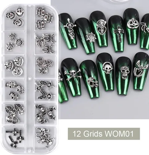 Vista 2 de 36 dijes de uñas de Halloween, 12 estilos, plata, forma de calavera, aleación, metal plateado antiguo, decoración de uñas
