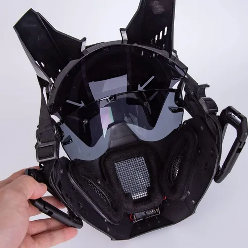 Vista 6 de DECI Casco punk gótico, máscara de cosplay con luz, futurista para máscara Cyber Punk, fiesta de Halloween para hombres y niños