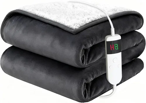 Vista 13 de Manta eléctrica térmica individual, franela suave de 62 x 84 pulgadas, con 8 horas de apagado automático, 10 niveles de calentamiento rápido
