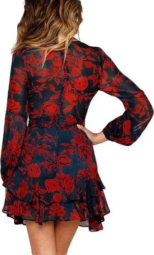 Vista 3 de UGUEST - Vestido corto de manga larga con cuello en V para mujer con diseño floral para fiestas o bodas suelto y acampanado con cinturón