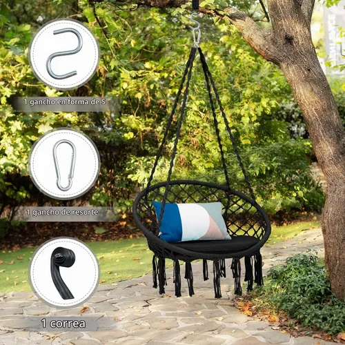 Vista 3 de Giantex - Silla hamaca de macramé con cojín y kit de herramientas, color negro Capacidad de peso de 330 libras, silla colgante