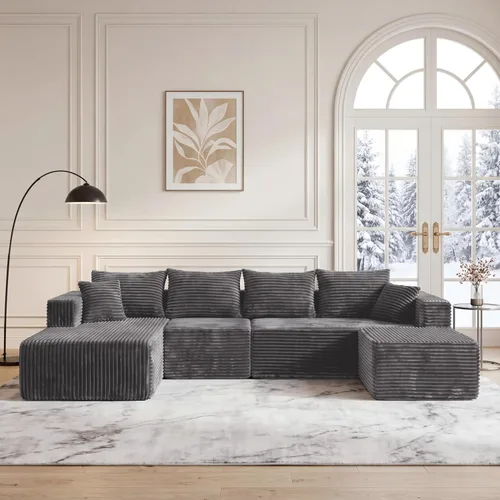 Vista 10 de Sofá modular deshuesado de 118 pulgadas con diván y otomano de pana de gran tamaño en forma de U, sofá de nube para asiento profundo para sala