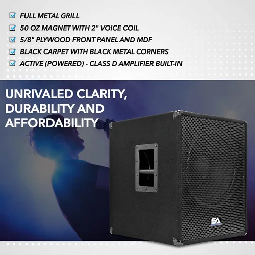 Vista 7 de Seismic Audio - Shockwave-15 - Gabinete de subwoofer Pro Audio/DJ de 15" con amplificador de clase D de 1000 vatios