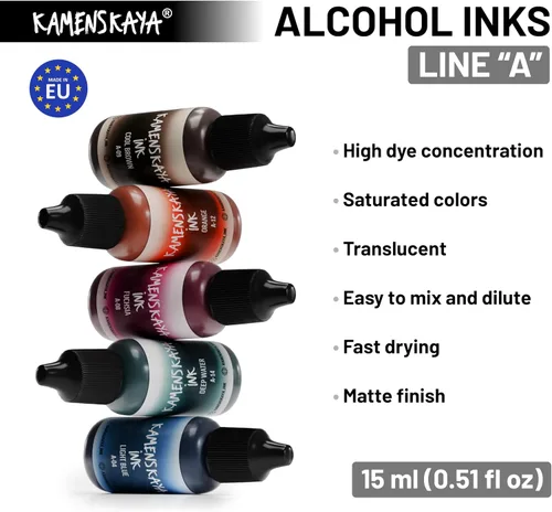 Vista 2 de Juego de tinta de alcohol Kamenskaya #10: Combinación de colores combinados de tintas de alcohol, 4 piezas. 0.51 fl oz (15 ml) cada una