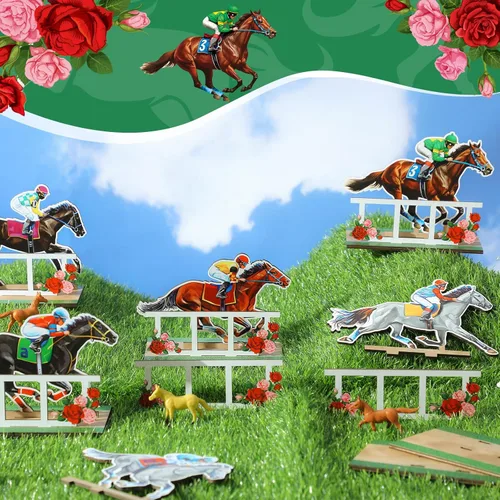 Vista 4 de Geetery 6 piezas de decoración Derby de caballos, centros de mesa de carreras de caballos, decoración de bandeja escalonada Derby de madera, juego