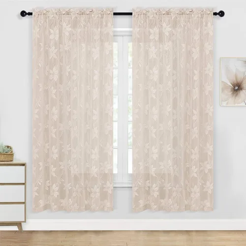 Vista 13 de DWCN Paquete de 2 cortinas traslúcidas pequeñas de encaje floral beige para cocina, cortinas traslúcidas ligeras con bolsillo para barra, cortinas