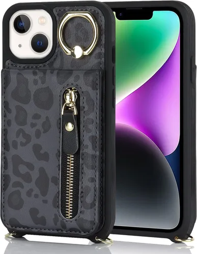 Vista 7 de Funda para iPhone 13 mini con tarjetero y correa para mujer, bolsa cruzada con soporte de anillo con cremallera para Apple 13mini, leopardo negro