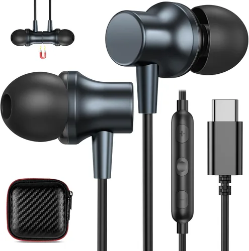 Vista 9 de COOYA - Auriculares USB C, auriculares con cable para iPhone 17, 16, 15 Pro Max, color morado Magnetic Bass Noise Canceling Type C In-Ear Púrpura