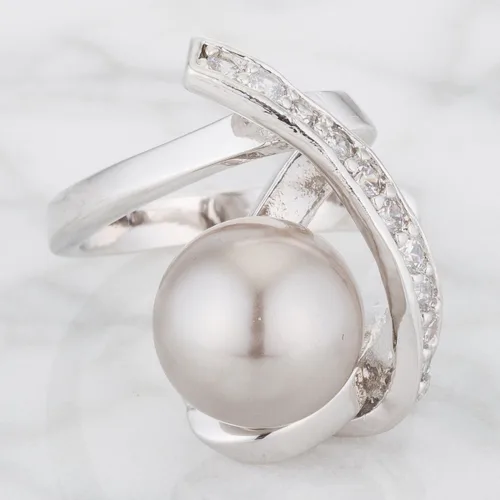 Vista 2 de Kate Bissett Genuine Rhodium Plated Ring Knotted with a Dark Grey Simulated Pearl Bordered by Round Cut Cubic Zirconia