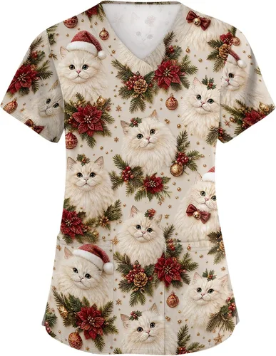 Vista 13 de Camisetas de uniforme médico de Navidad para mujer, talla grande, estampado ##896-Multicolor