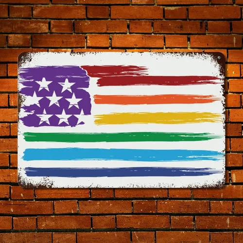 Vista 2 de Placa de pared con diseño de bandera de Estados Unidos, diseño retro vintage de arcoíris, letrero de metal LGBTQ, orgullo gay, regalo del mes