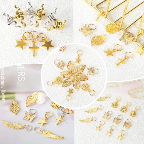 Vista 6 de 230 cuentas de joyería para el cabello, joyas de rastas para mujer, línea de cuerda dorada y plateada, anillos de metal para el cabello, dijes