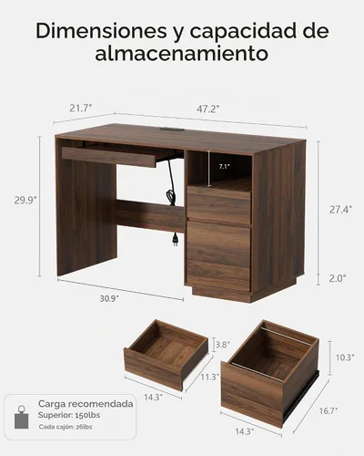 Vista 2 de Escritorio ejecutivo de 47 pulgadas con cajón de archivos, escritorio de computadora de granja con estación de carga y compartimento