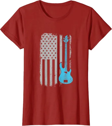 Vista 74 de Electric Bass Guitar Player American Flag Musician T-Shirt Asphalt Grey
