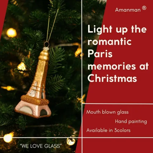 Vista 7 de Adornos de vidrio para Navidad de la Torre Eiffel de París, adornos de vidrio soplado para árbol de Navidad (Oro Rosa)