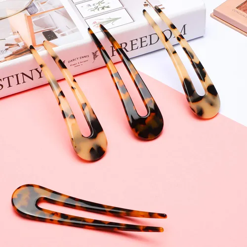 Vista 3 de 4 piezas de horquilla francesa en forma de U con dos puntas en forma de U, pinzas para el cabello, pasadores de chignon pin tortuga shell U palillos