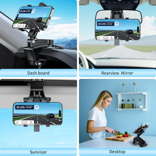Vista 6 de Soporte universal de teléfono para tablero de instrumentos de 360°, soporte giratorio multifuncional para visera/retrovisor para teléfonos de 4 a 7
