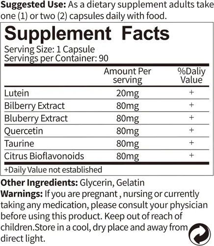 Vista 5 de AvailNaturals Vision Plus Vitaminas para los ojos con luteína 20 mg, extracto de arándano y arándano, antioxidantes clave para el apoyo a la salud