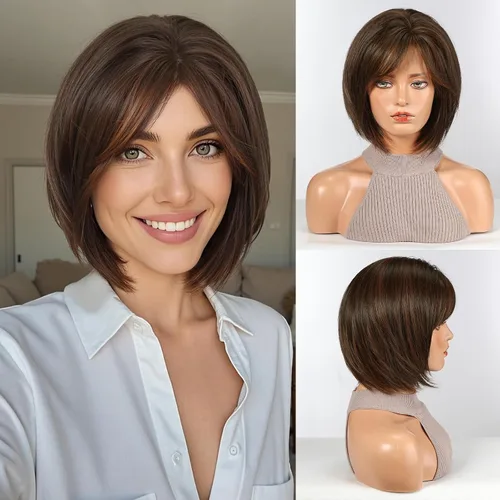 Vista 13 de HAIRCUBE Pelucas estilo Bob hasta el hombro para mujer con raya lateral