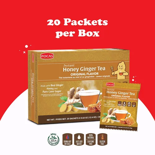 Vista 3 de Pocas Honey Ginger - Té instantáneo en polvo, sabor a cúrcuma, paquete de 2, extracto de jengibre y miel real, té sin cafeína, 20 paquetes por caja