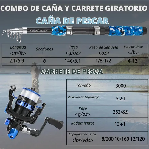 Vista 7 de Kit de caña de pescar Tripquips, juego de cañas telescópicas de 2.1m, juego de 2 cañas plegables con carretes giratorios y bolsa de transporte, kits